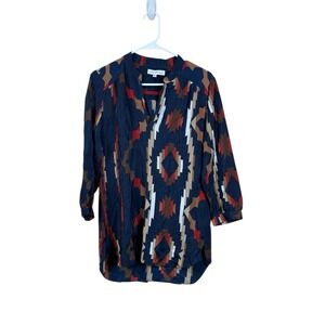 Amanda Uprichard Womens Small Silk Tunic Top Blouse Navy Aztec 3/4 Sleeve Hi Low